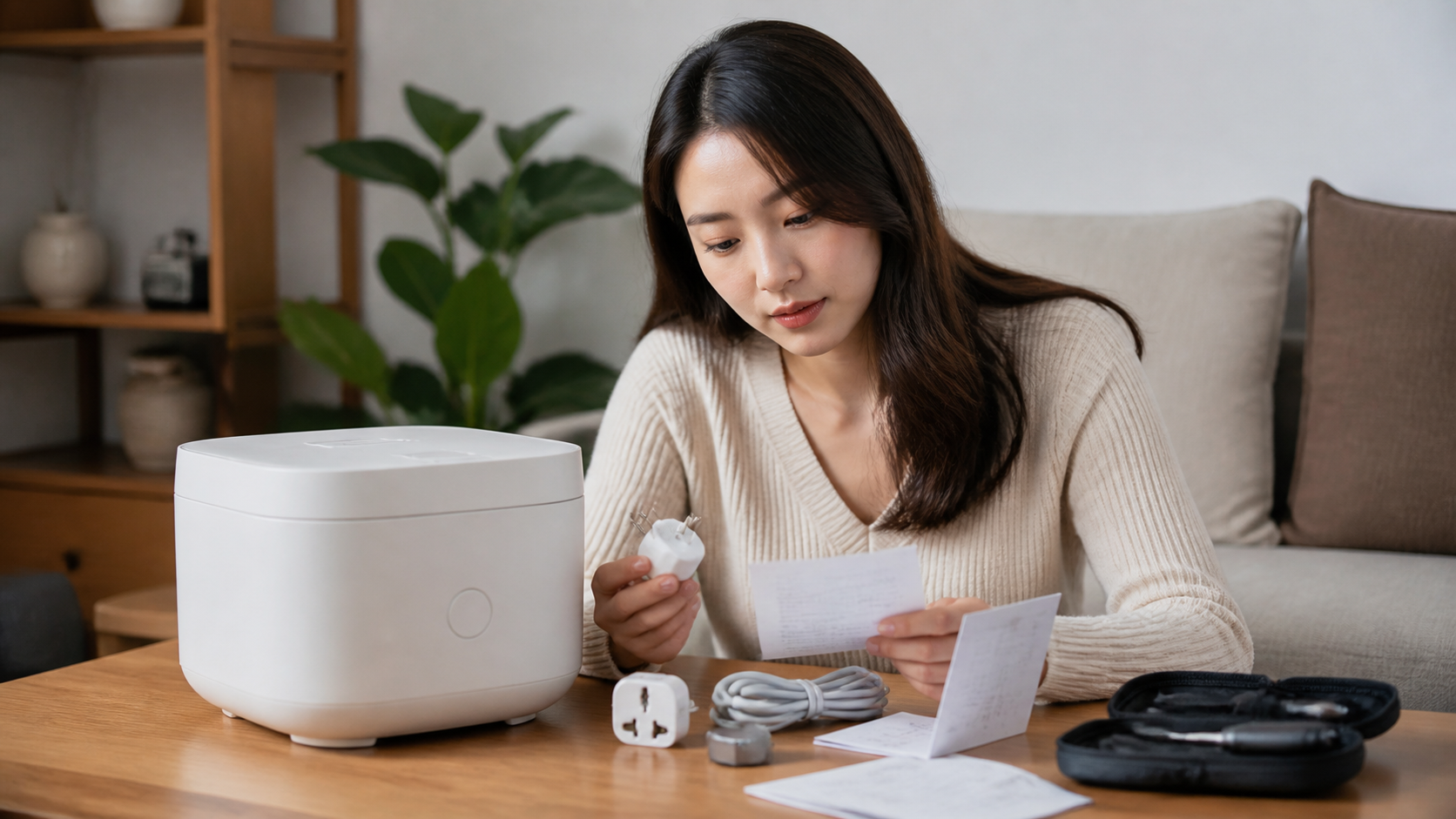 직구 전자제품의 플러그와 구성품, 보증 자료를 확인하는 모습