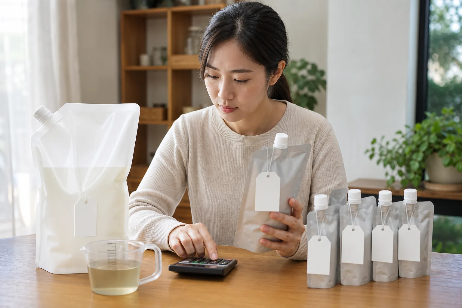 대용량 리필과 소용량 여러 개의 단위가격을 계산하는 소비자